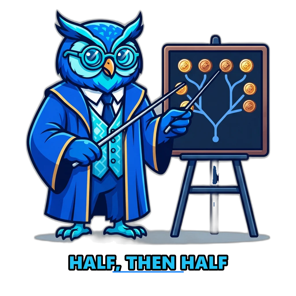 Owl professor explaining a coin-flip chance tree on a blackboard