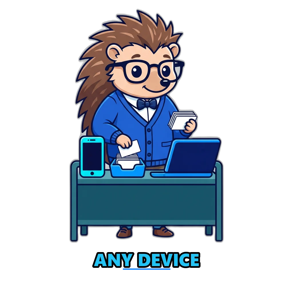 Hedgehog librarian sorting answer cards for phones and laptops
