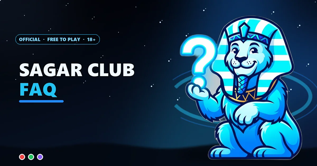 Sphinx mascot holding a glowing question mark for the Sagar Club FAQ