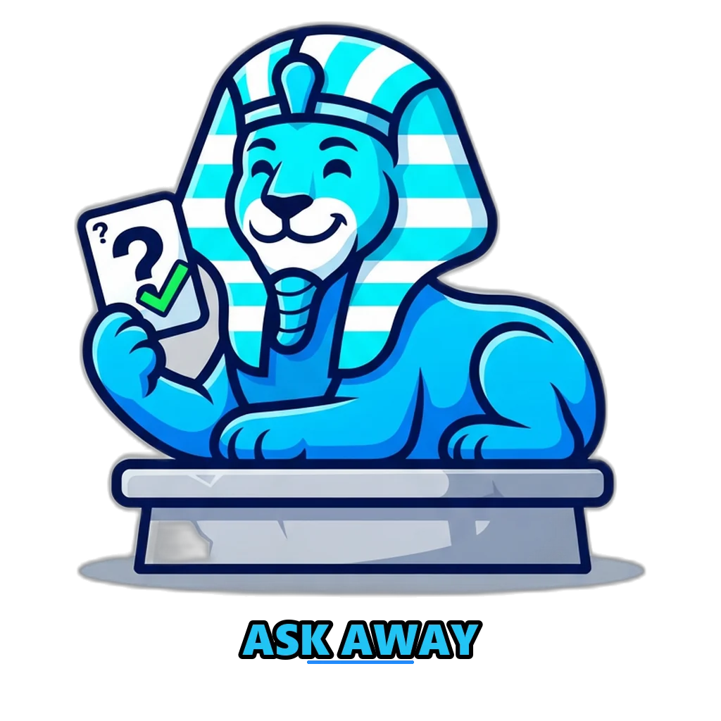 Sphinx mascot flipping a question card to a tick for the Sagar Club FAQ
