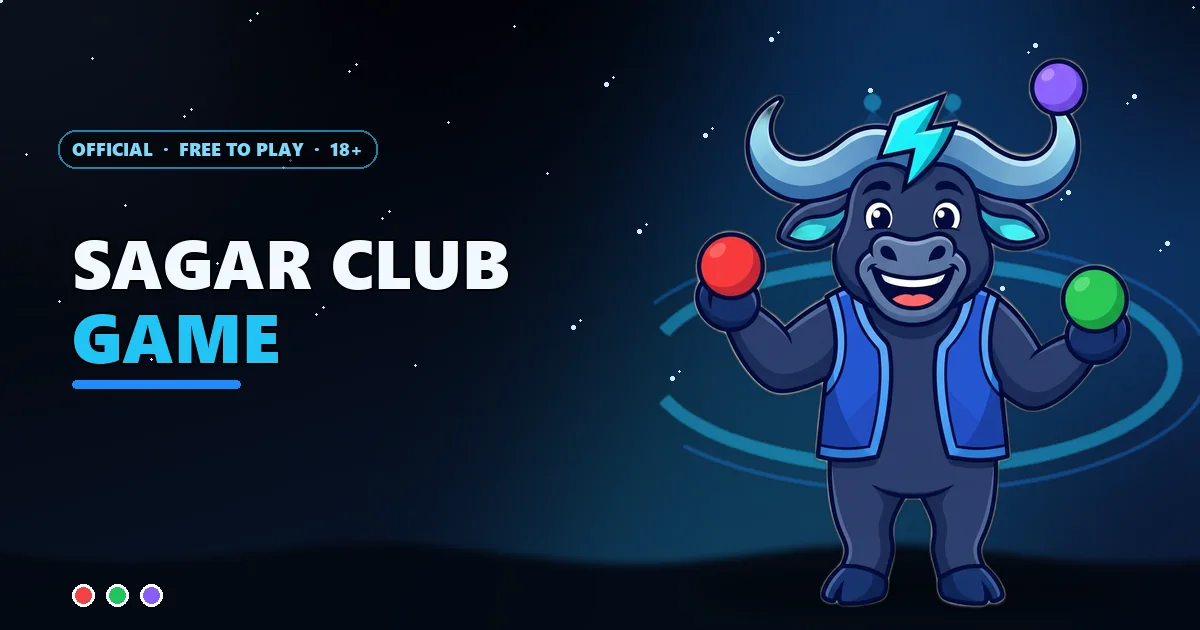 Buffalo mascot juggling red, green and violet balls for the Sagar Club game guide