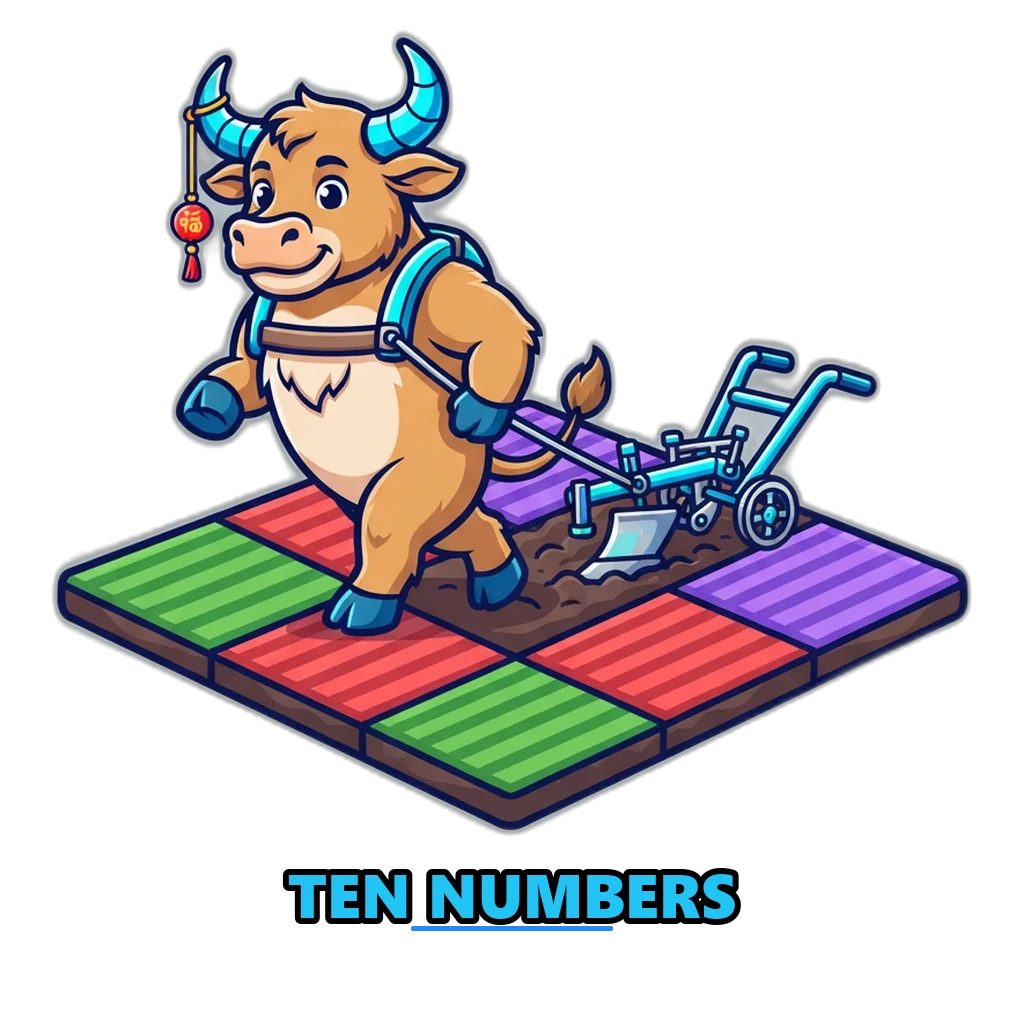 Lucky ox ploughing a field shaped like the 0 to 9 number board