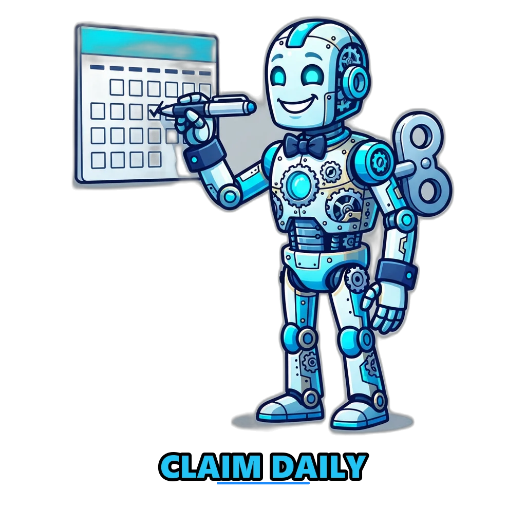 Clockwork robot ticking off daily coin claims on a wall calendar