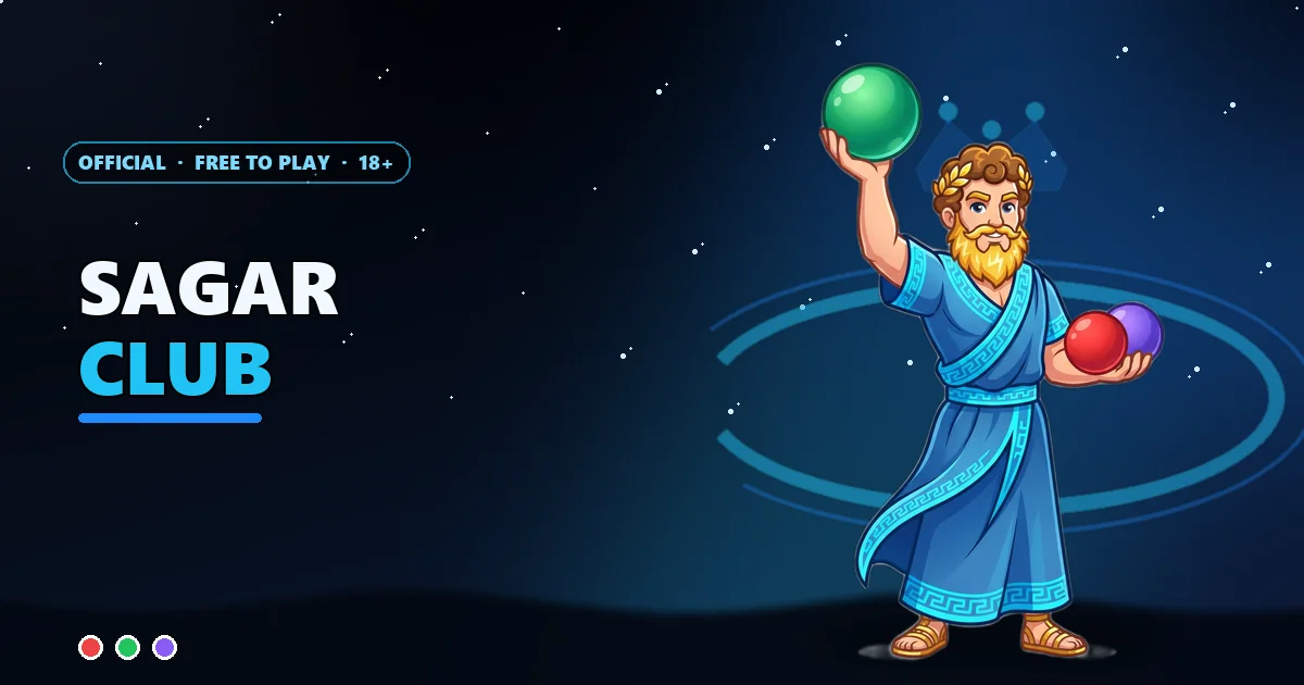 Zeus mascot holding red, green and violet balls on the official Sagar Club banner