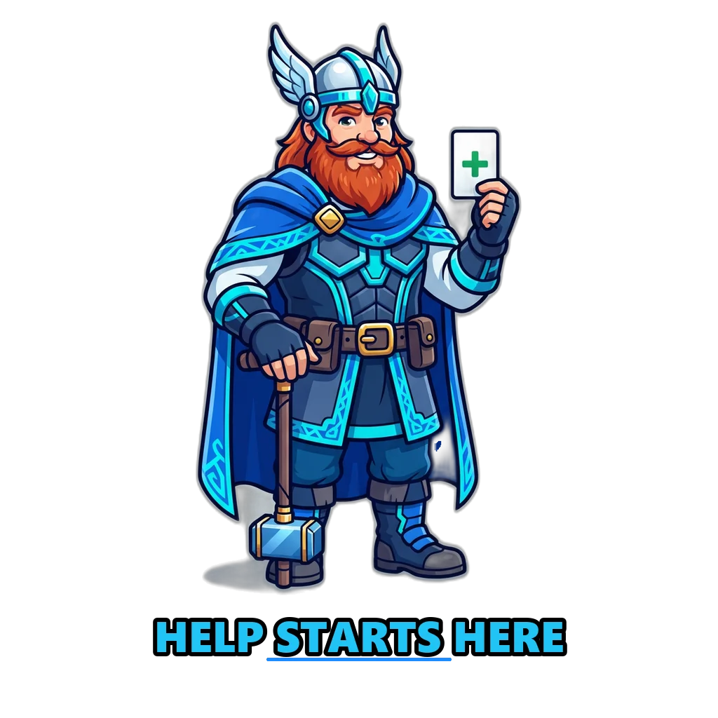 Thor mascot holding a help card for Sagar Club players
