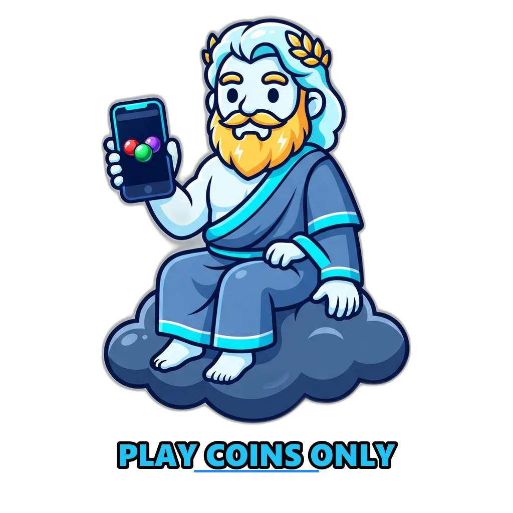Zeus mascot on a thundercloud holding a phone with the Sagar Club colour game