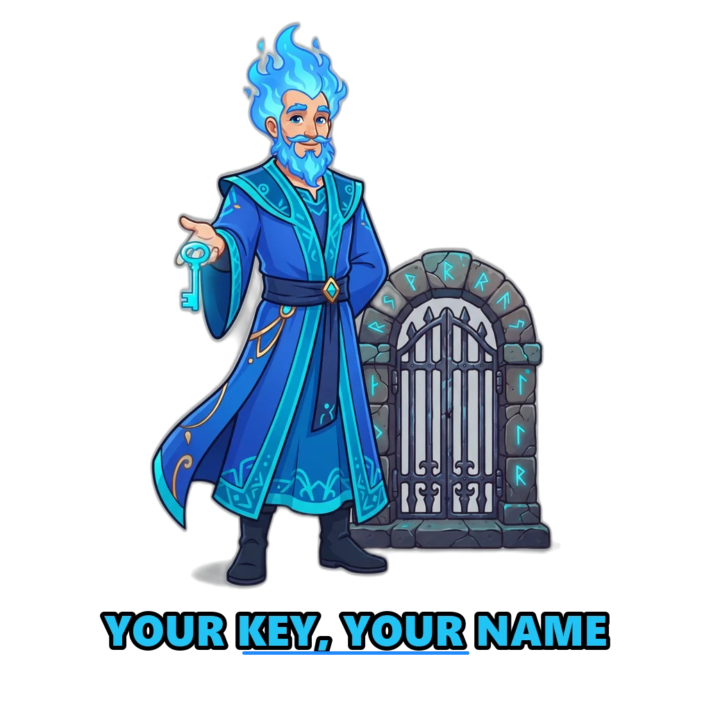 Calm gatekeeper holding a glowing key for the Sagar Club login screen