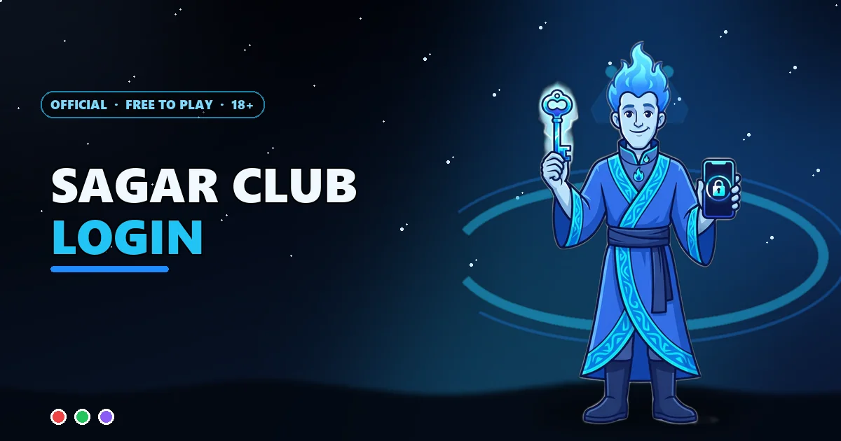 Hades gatekeeper mascot with a glowing key and a phone for the Sagar Club login guide