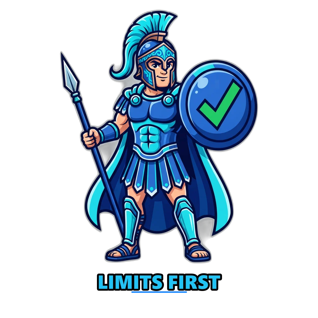 Hoplite raising a shield with a check mark as a reminder to set limits