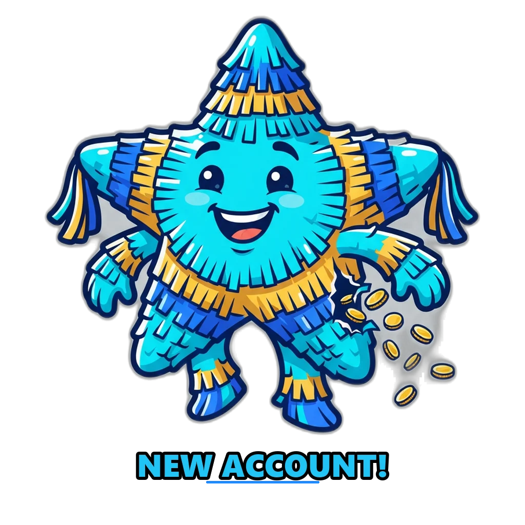 Smiling piñata bursting with play-coin confetti after Sagar Club register
