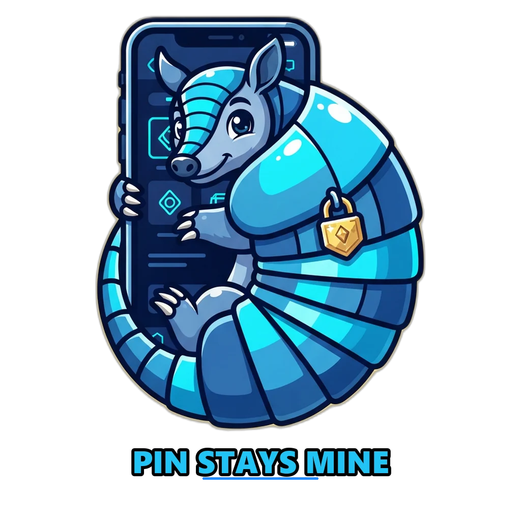 Armadillo curled around a phone to guard a UPI PIN