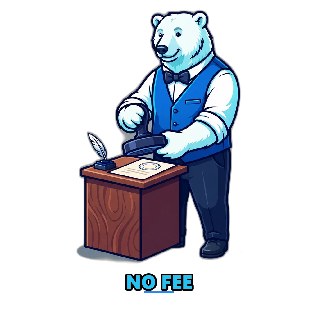 Polar bear stamping no fee across a fake payout letter